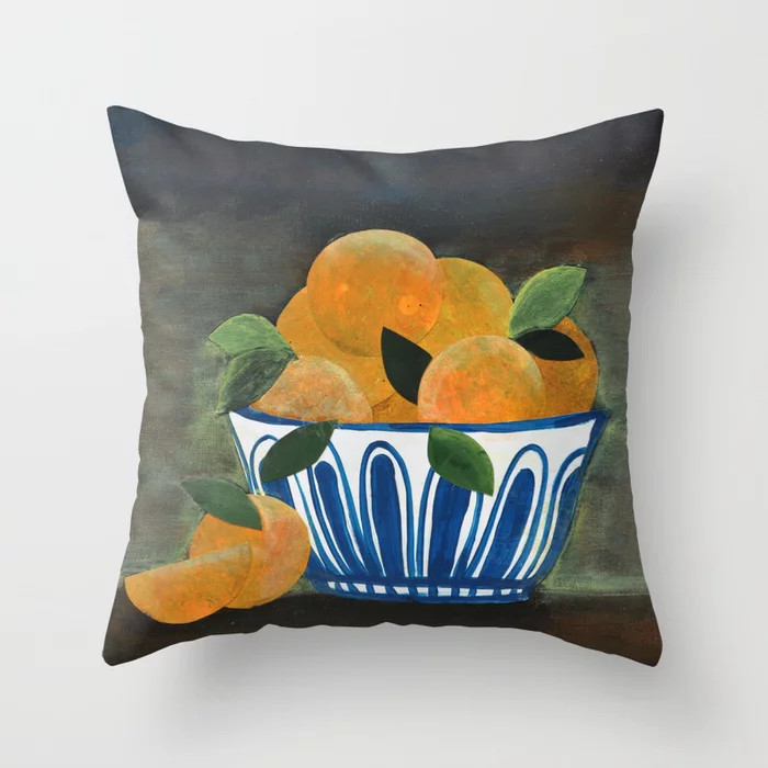 Still Life Oranges in Blue Bowl Throw Pillow | Society6