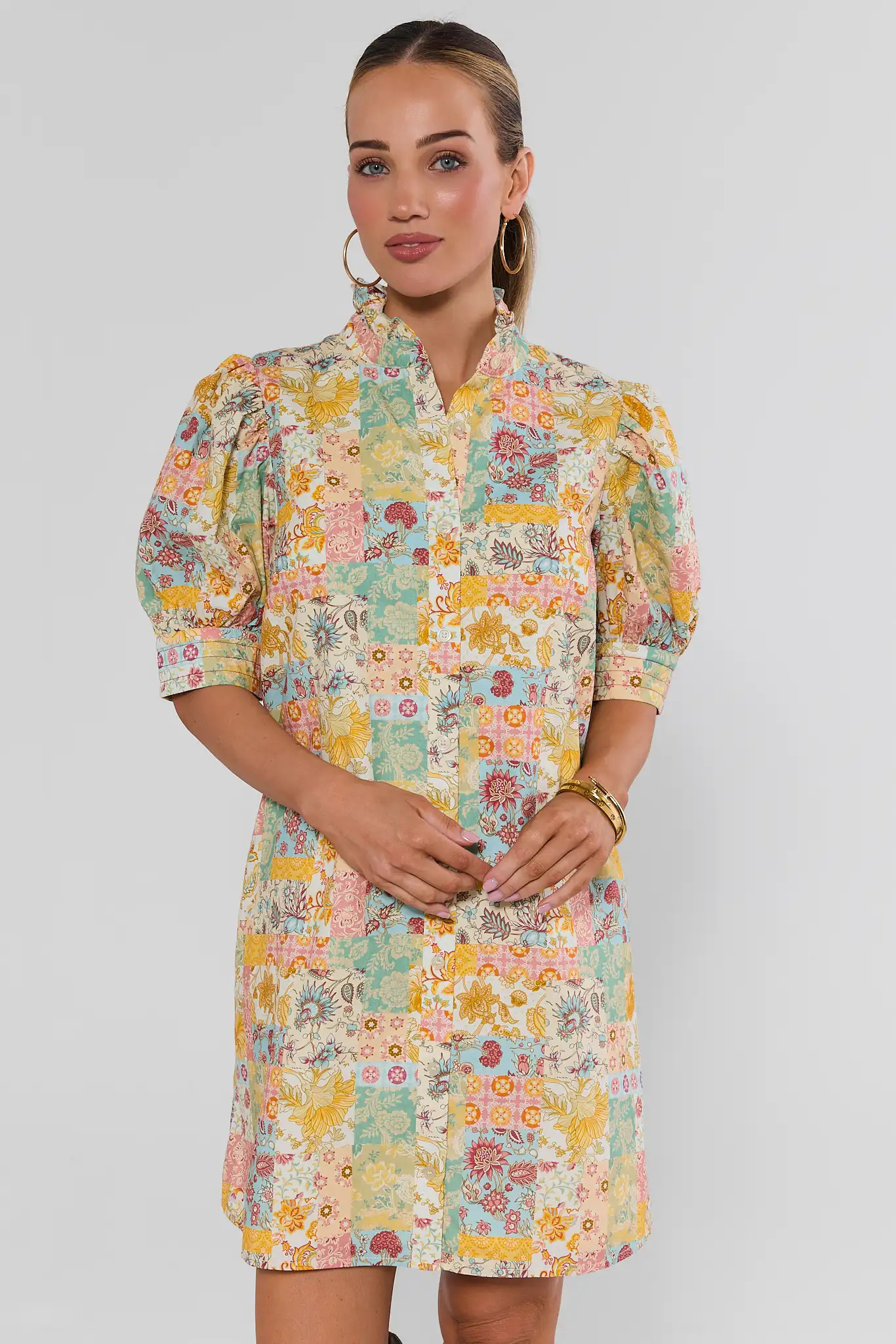 Yellow Patchwork Print Short Dress | Avara