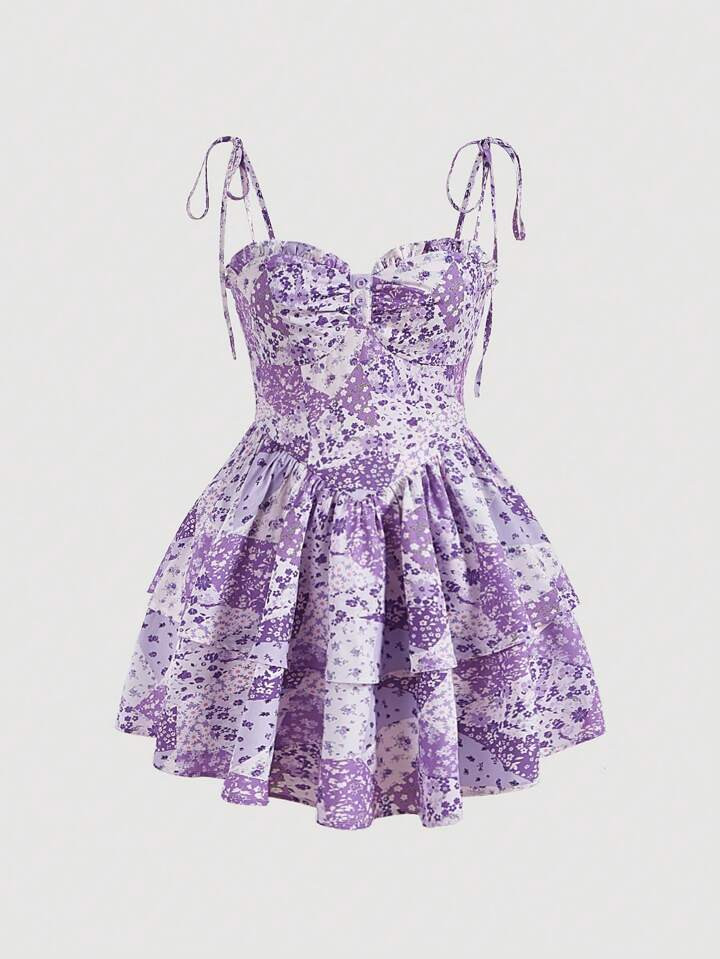 SHEIN MOD Floral Patchwork Print Tie Shoulder Bustier Cami Dress | SHEIN