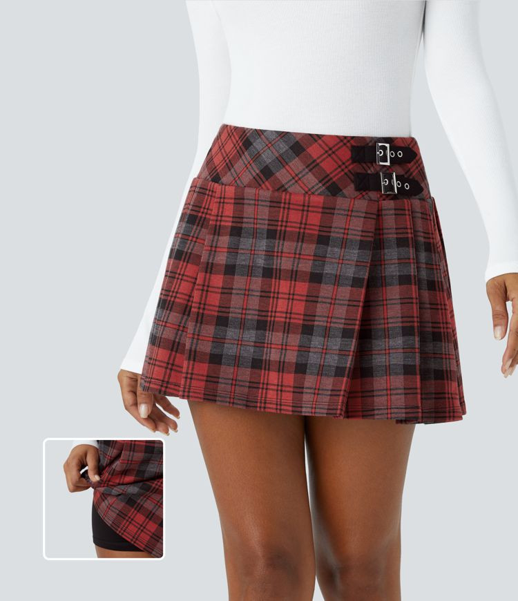 Women’s High Waisted Decorative Buckle 2-in-1 Plaid Pleated Mini Casual Skirt - Halara | HALARA