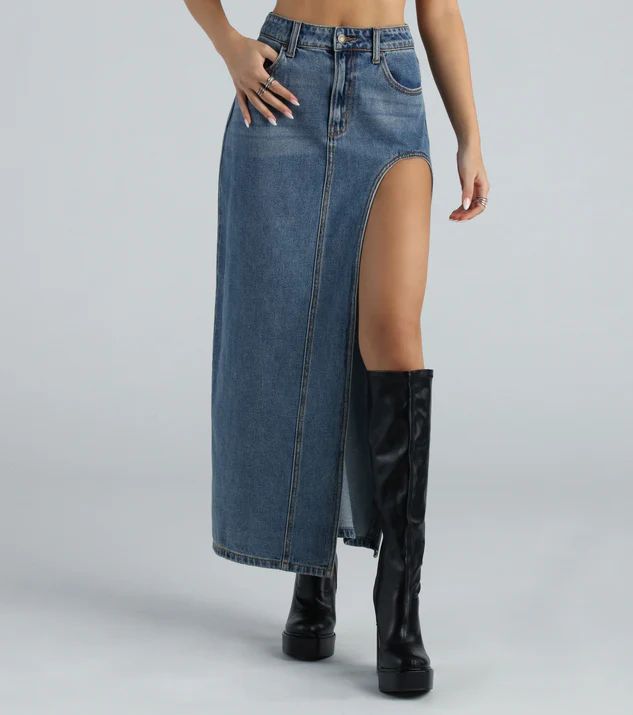 Sound The Alarm High Slit Denim Maxi Skirt | Windsor Stores