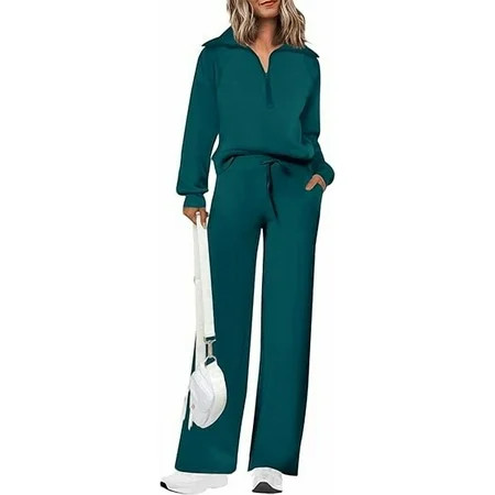 PRETTYGARDEN Women's 2 Piece Outfits Casual Lapel Half Zip Sweatshirts And Wide Leg Pants Tracksuit Sets | Walmart (US)
