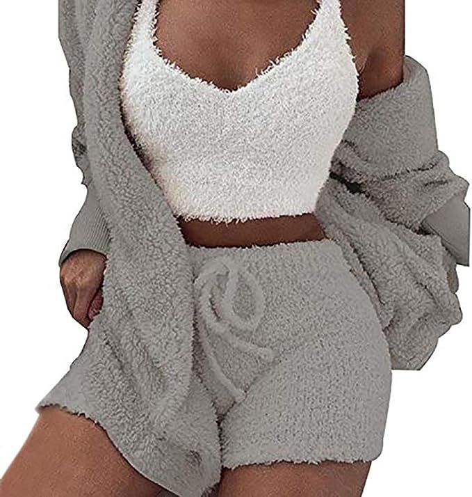 Womens Sexy Fuzzy Warm Sherpa Fleece 3 Piece Outfit Fleece Coat and Spaghetti Strap Crop Top Shor... | Amazon (US)