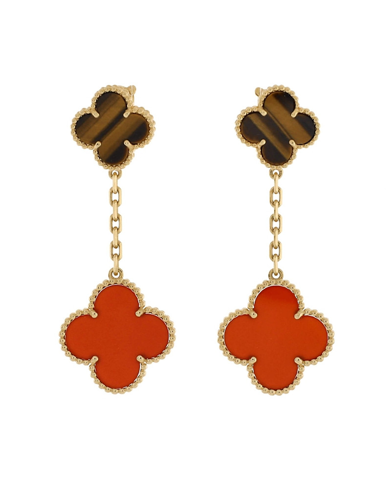 Pre-Owned Van Cleef & Arpels Magic Alhambra 2 Motifs Drop Earrings 18K Gold with Tiger's Eye and Carnelian | Bloomingdale's (US)