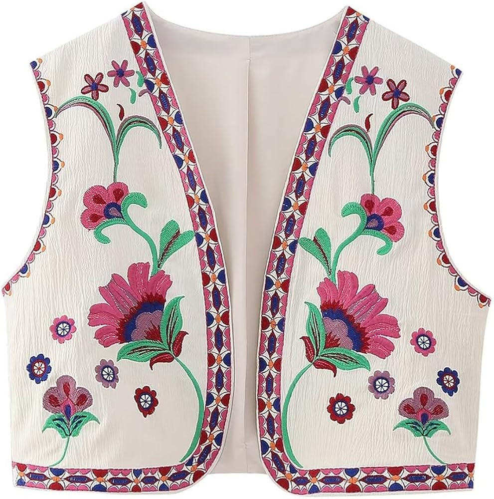 KEYET Women's Gilets,Women Vest Retro Floral Embroidered Gillet National Style Vest Sleeveless Ja... | Amazon (UK)