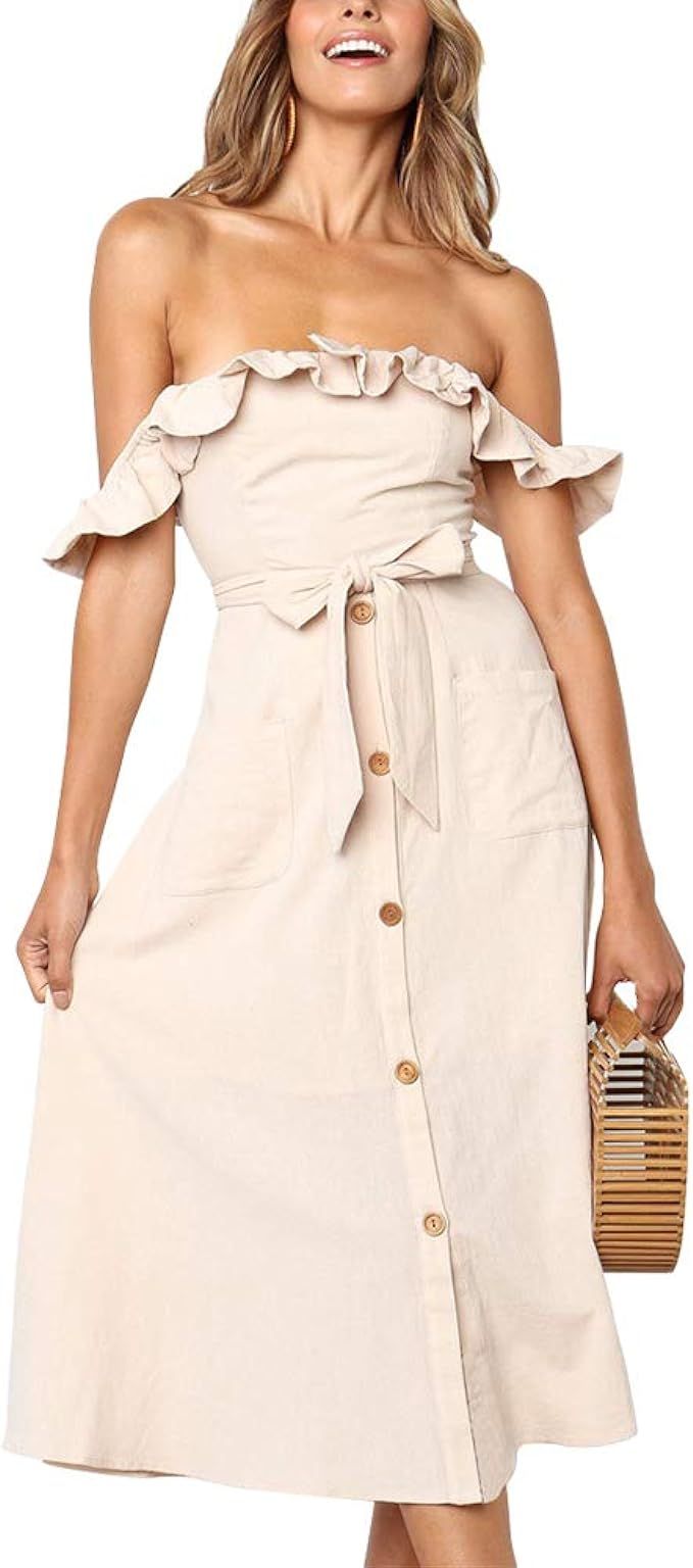 Exlura Women's Ruffle Off Shoulder Midi Sundress Tie Waist Button Down Beach Party Maxi Dresses w... | Amazon (US)