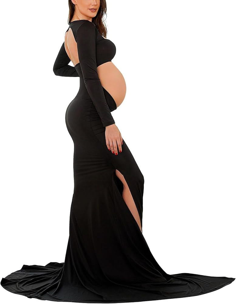 Bhome Maternity Dress for Photoshoot Cut-Out Backless Side Split Maternity Maxi Gown for Photosho... | Amazon (US)