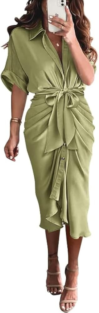 BTFBM Dresses for Women Summer Button Short Sleeve Silk Satin Ruched Spring Maxi Dress 2026 Cockt... | Amazon (US)