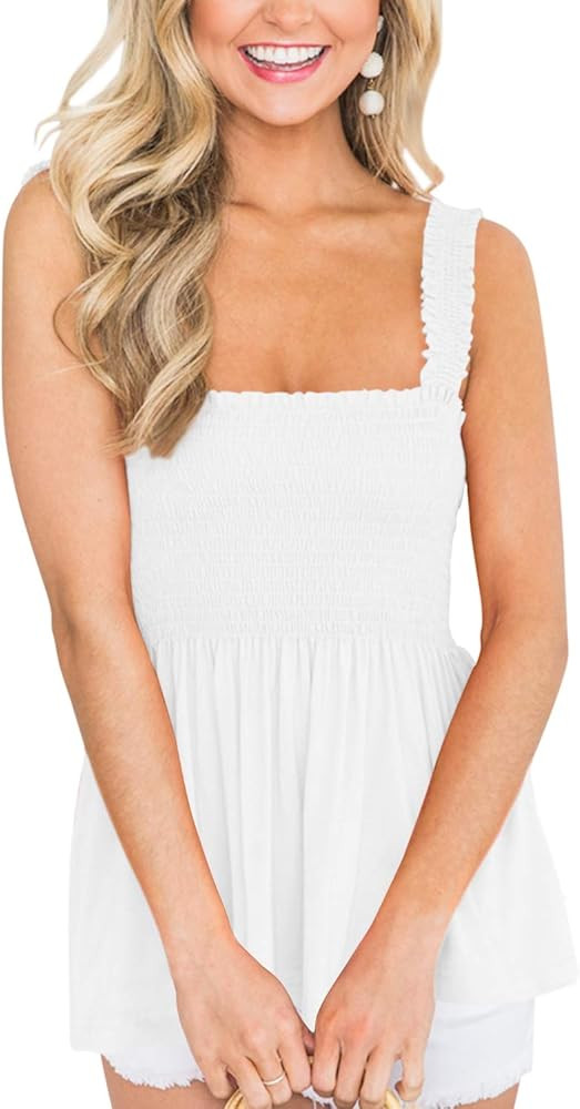 Clarisbelle Women's Summer Ruffle Hem Smocked Tank Tops | Amazon (US)