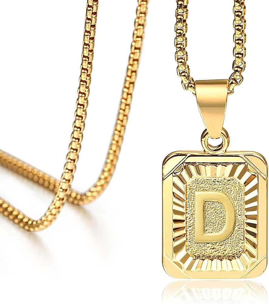 26 Gold Plated Square Capital Initial Letter Charm Pendant Necklace for Men Women Box Steel Chain... | Amazon (US)