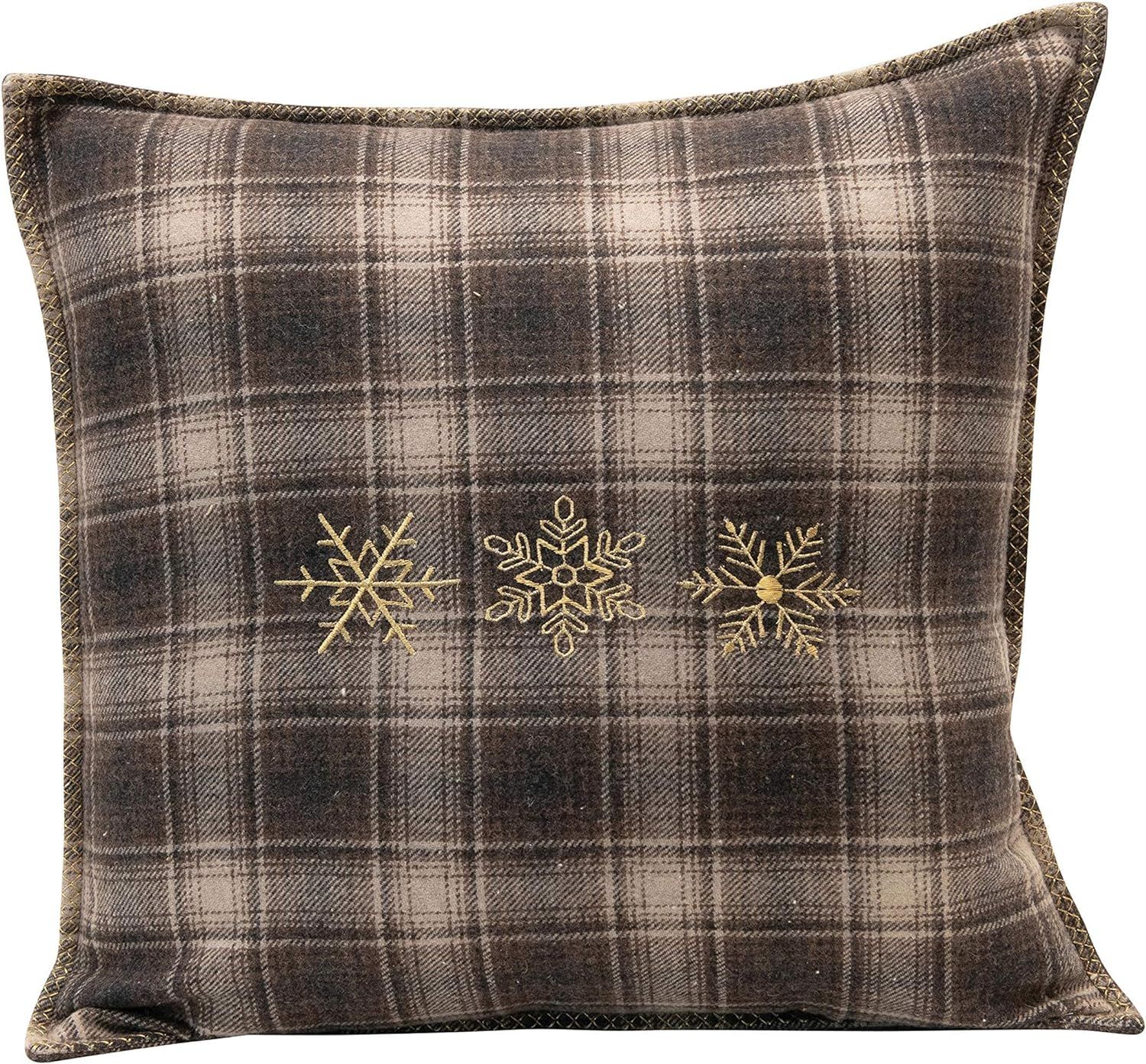 Creative Co-Op 20" Square Wool Blend Plaid w/Gold Embroidered Snowflakes, Brown & Beige Pillows, ... | Amazon (US)