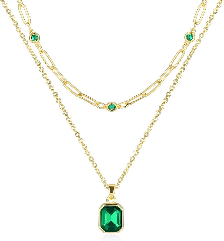 Gold Layered Necklaces for Women, 18k Gold Plated Crystal Necklace Paperclip Choker Emerald Green Jewelry for Women Gifts | Amazon (US)