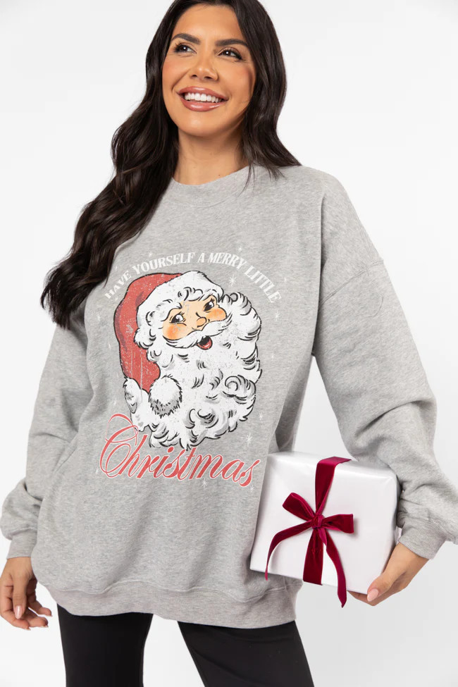 Santa Merry Little Christmas Light Grey Oversized Graphic Sweatshirt DOORBUSTER | Pink Lily