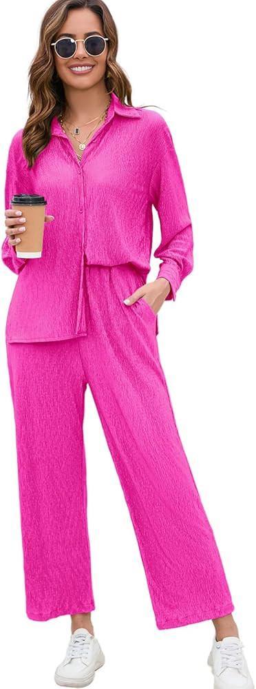 BLUEMING Women Two Piece Casual Outfits Y2K Loungewear Pleated Wide Leg Pants Long Sleeve Button ... | Amazon (US)
