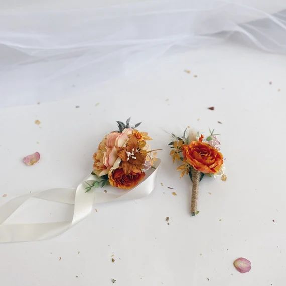 Corsage and boutonnière set, boutonnières for men, rust orange corsage wristlet, wedding flower... | Etsy (US)