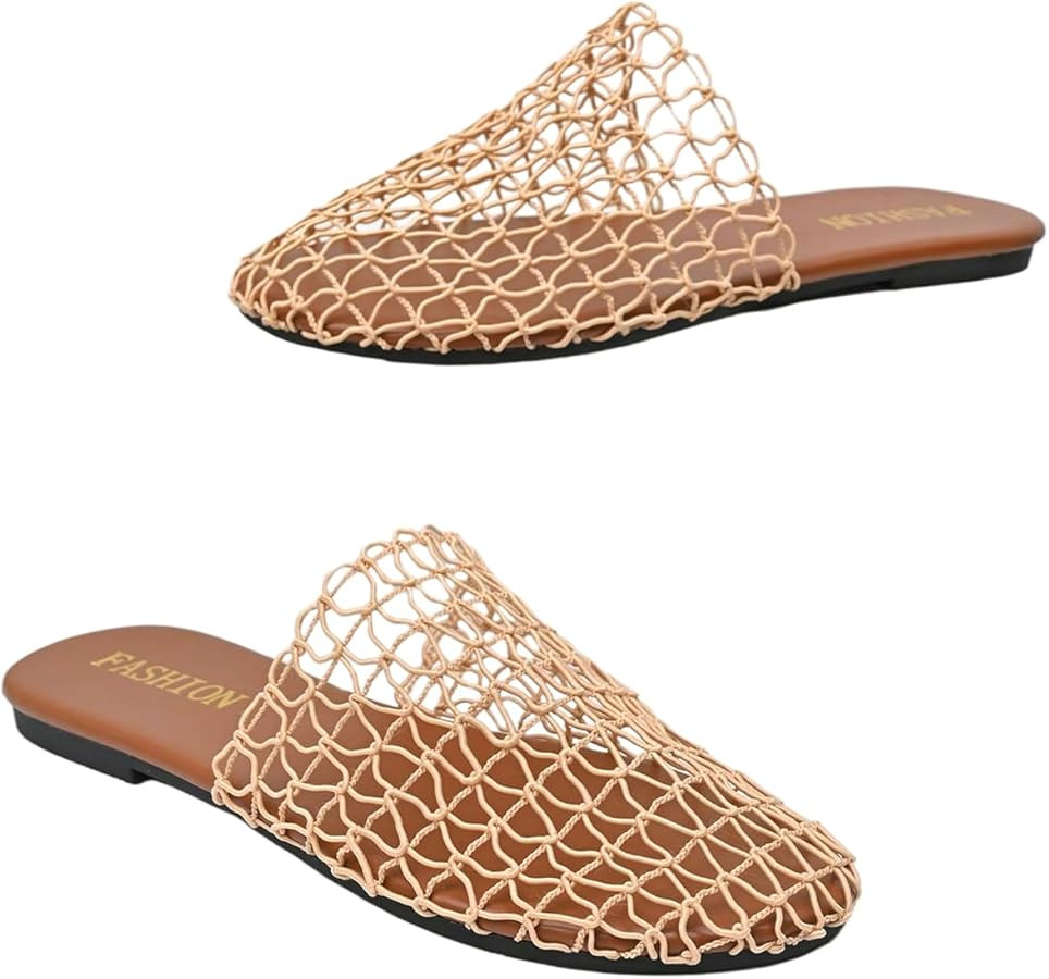 OYOANGLE Women's Fishnet Mesh Summer Flat Sandals See Through Hollow Out Slip On Slides | Amazon (US)