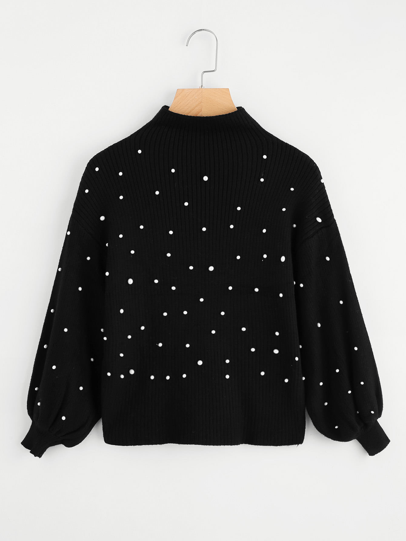 Pearl Beading Mock Neck Balloon Sleeve Jumper | SHEIN