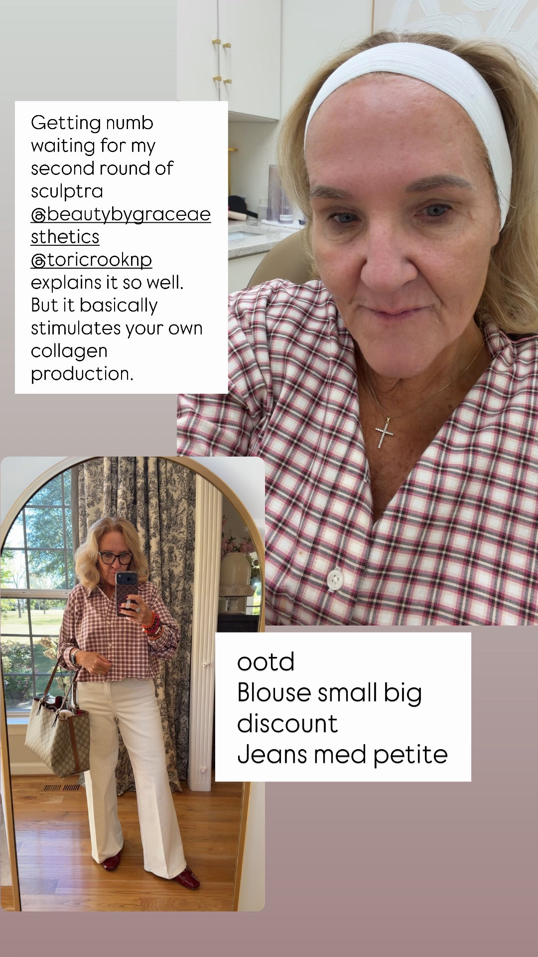 Off to the medspa waiting to get numb before sculptra injections 
Ootd my blouse is avail in navy and pink and in major sale. Size down 
Jeans med petite 
20% off my bracelet stack core NANETTE20