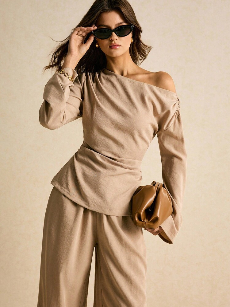 Poéselle Linen Two-Piece Suit,Beige One-Shoulder Draped Top & Wide-Leg Pants Set – Minimalist ... | SHEIN