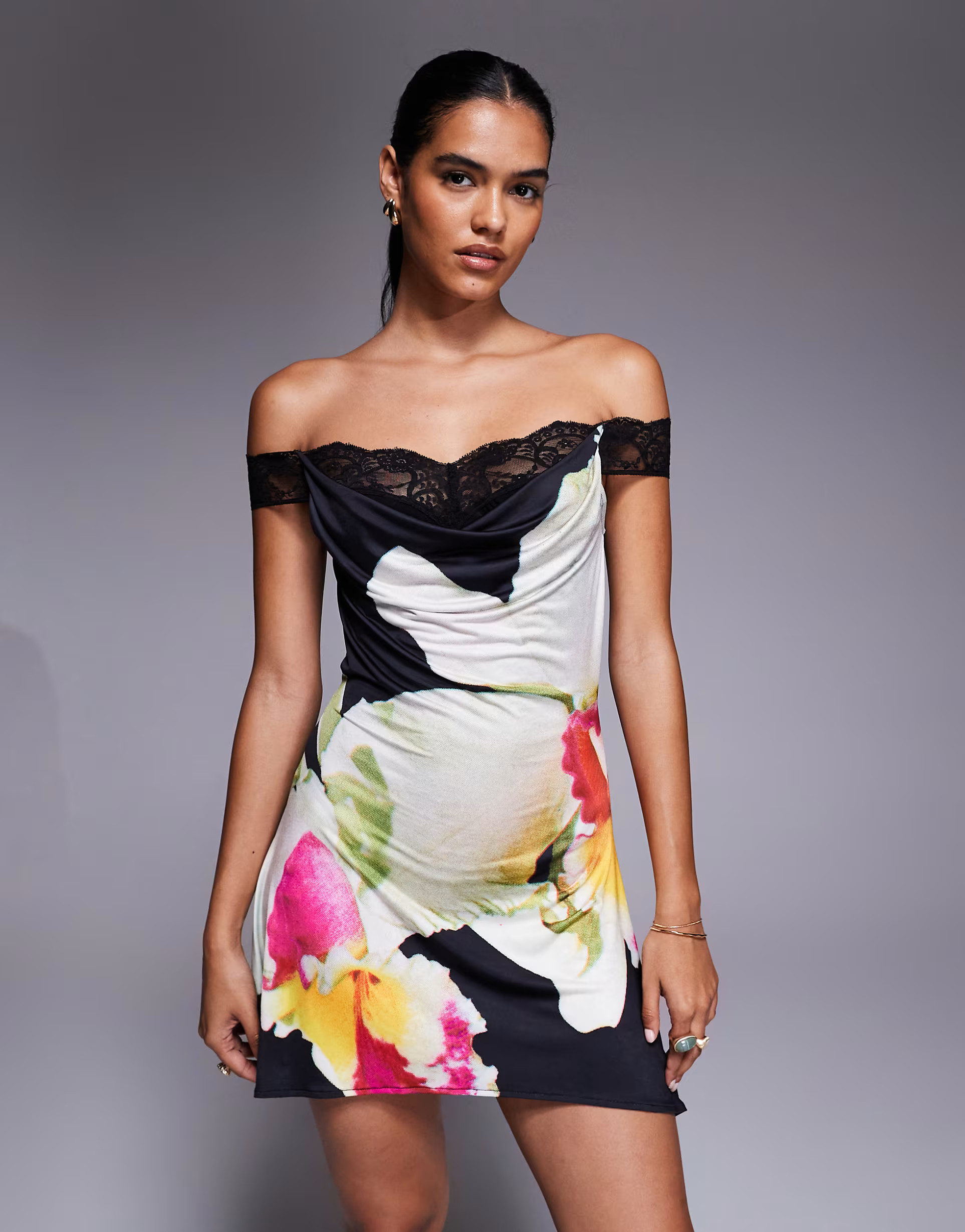 I.AM.GIA Theodora super soft slinky bardot lace cowl neck mini dress in black orchid floral | ASOS (Global)