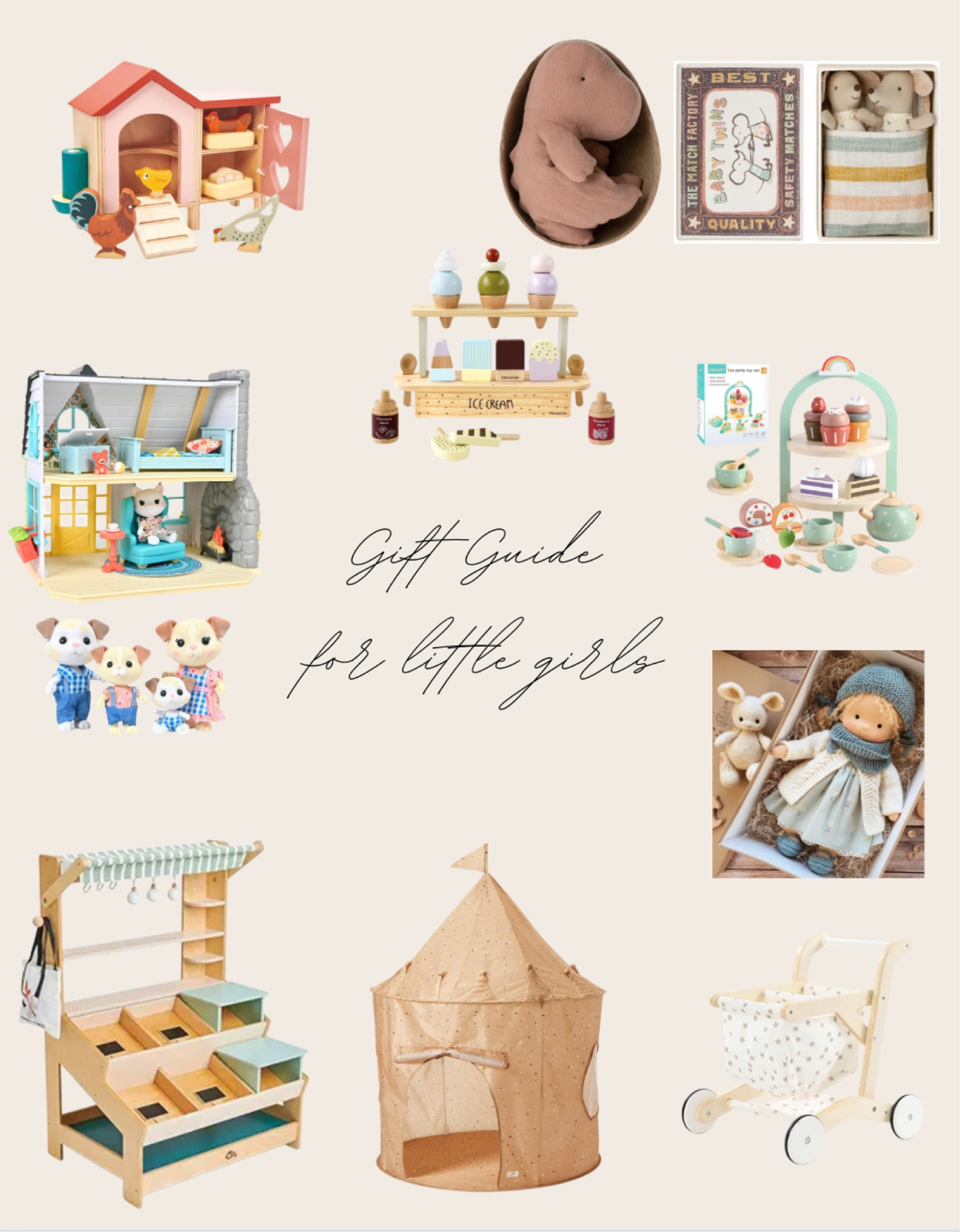 Gift ideas for little girls. Toddlers. Imaginary play with a market and grocery cart, ice cream shop: maileg mice and dinosaur. Waldorf doll. Chicken coop. Tent. Montessori toys for her. 

#LTKkids #LTKGiftGuide #LTKbaby