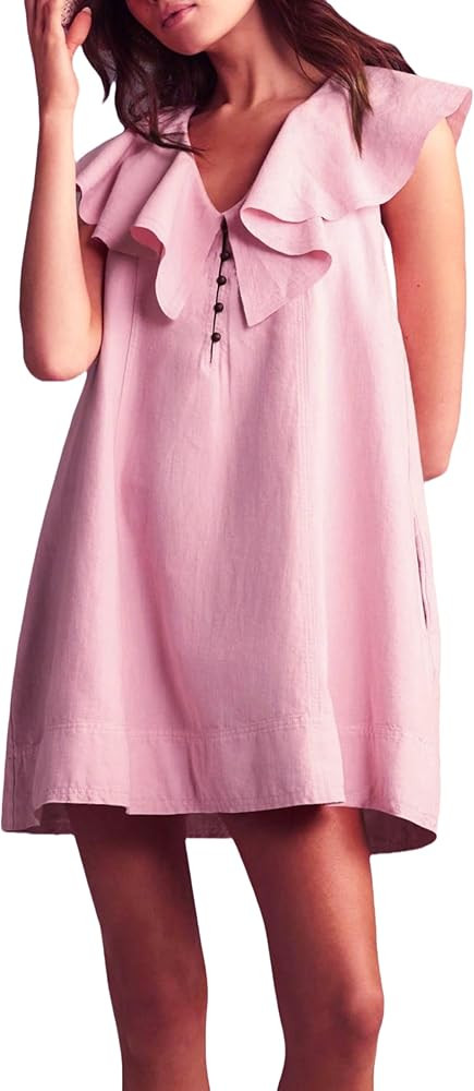 Women's Summer Mini Dress Ruffle Sleeveless Shift Dress Casual V Neck Button Front Loose Dress | Amazon (US)