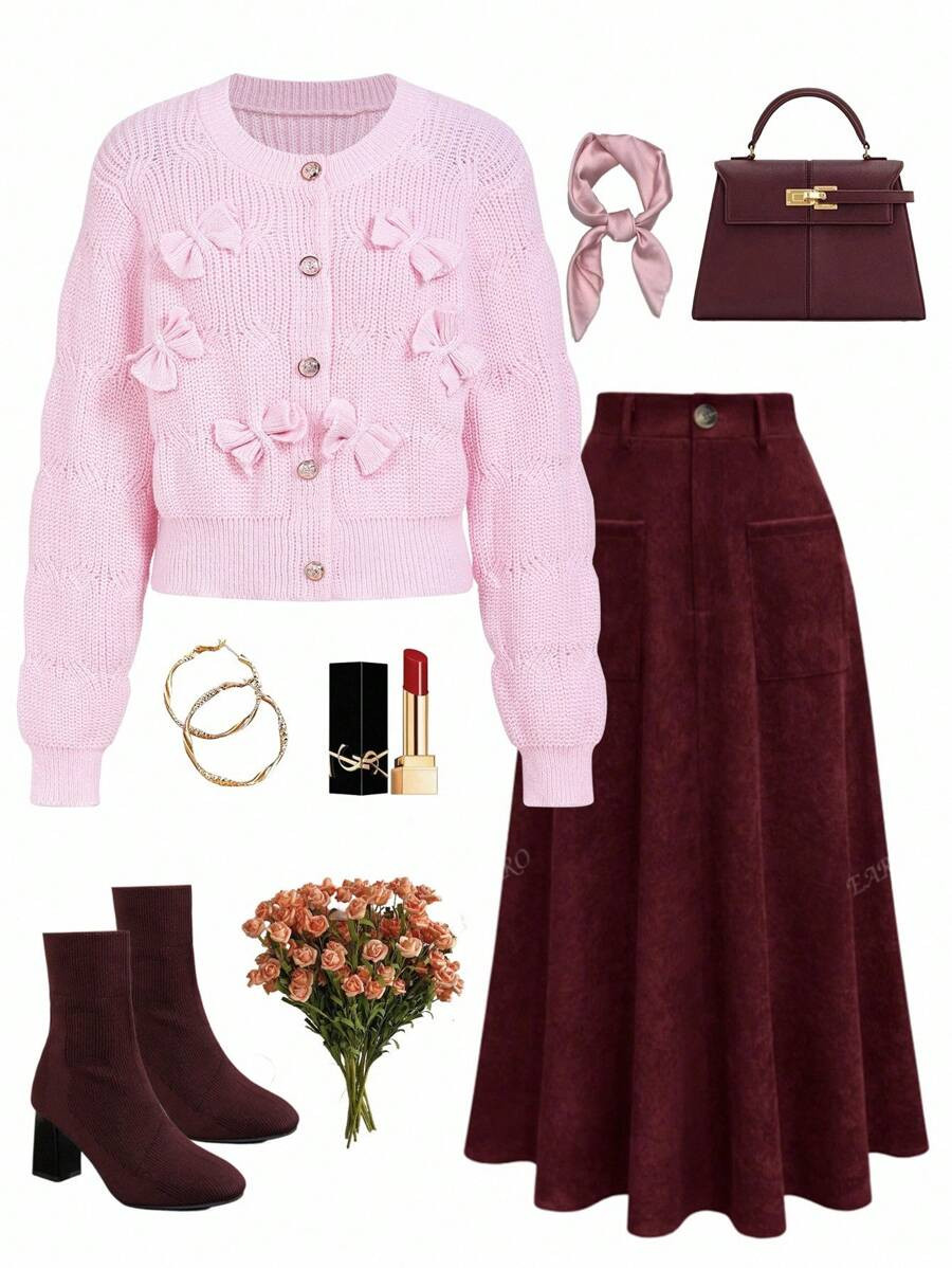 Ellevyn Women's Elegant Pink Long Sleeve 3D Bow Knit Sweater, Suitable For Dates, Vacations, Outi... | SHEIN