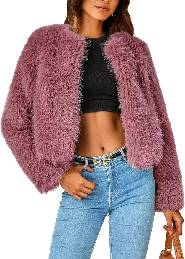 PRETTYGARDEN Women's 2024 Winter Coats Fleece Cropped Jacket Faux Fur Long Sleeve Pockets Shaggy ... | Amazon (US)