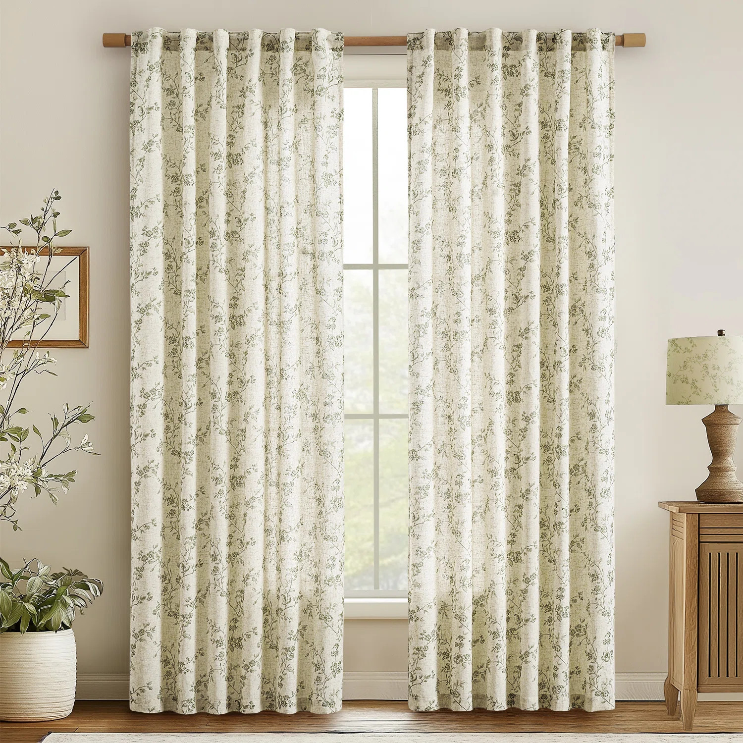 Semi Sheer Linen Blend French Floral Printed Rod Pocket Curtain Pair (Set of 2) | Wayfair North America