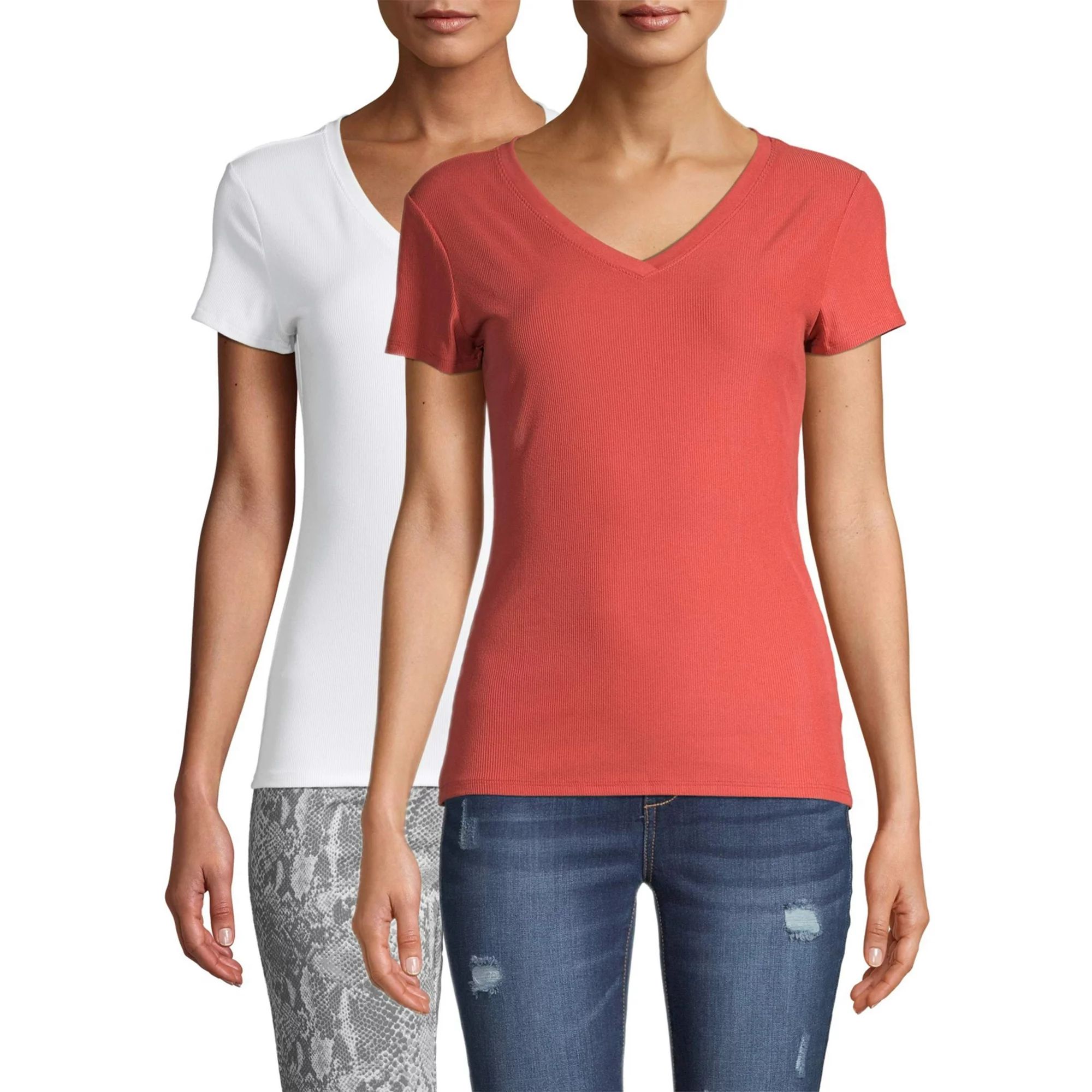 No Boundaries Juniors' Short Sleeve Brushed Rib V-Neck T-Shirt, 2 Pack | Walmart (US)