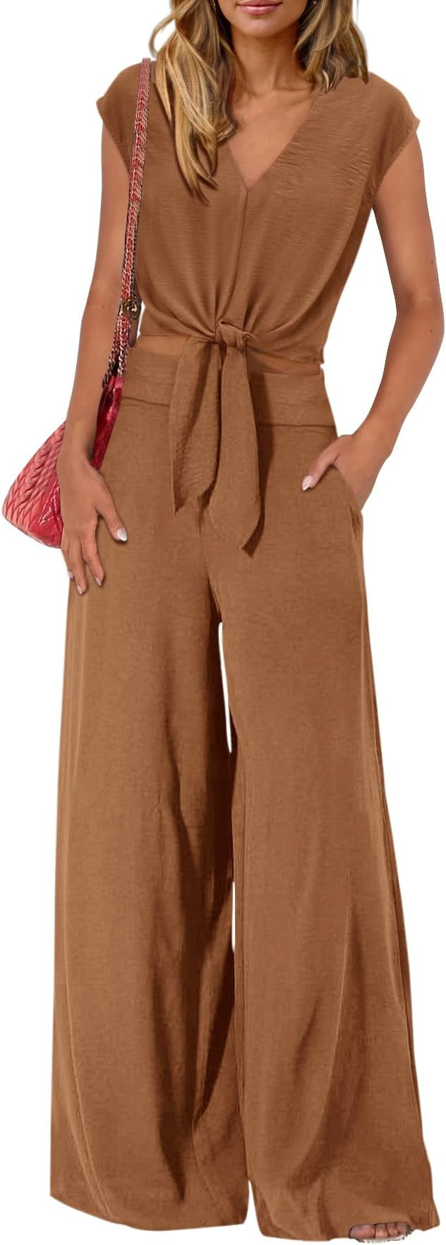 PRETTYGARDEN Women's Summer 2 Piece Outfits 2025 Cap Sleeve V Neck Belted Crop Tops Wide Leg Pant... | Amazon (US)