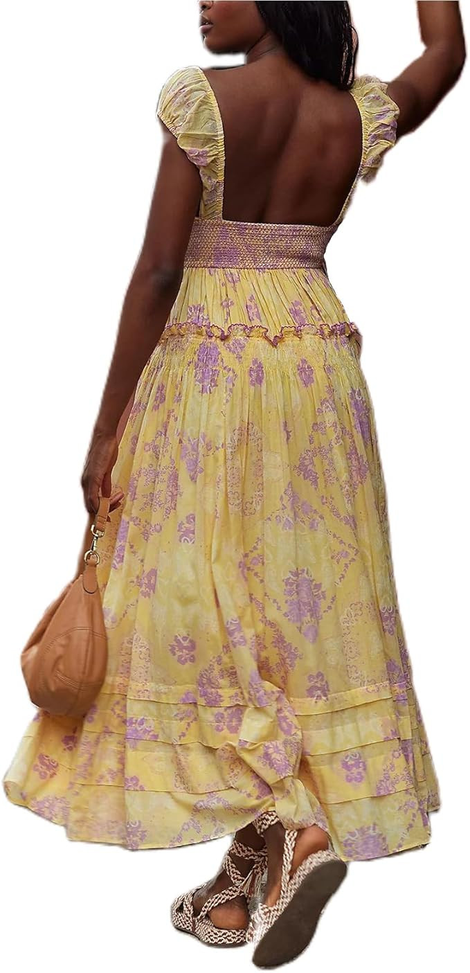 Women Spring Dresses Flowy Smocked Maxi Dress Puff Sleeve Sweetheart Y2K Floral Boho Summer Sundr... | Amazon (US)