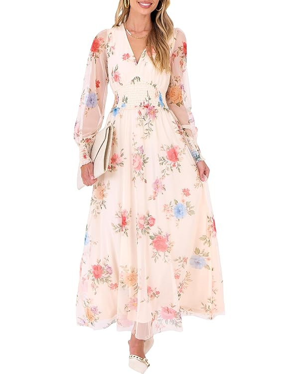 ANRABESS Women's Floral Maxi Dress 2025 Fall V Neck Puff Long Sleeve Flowy Casual Wedding Guest T... | Amazon (US)