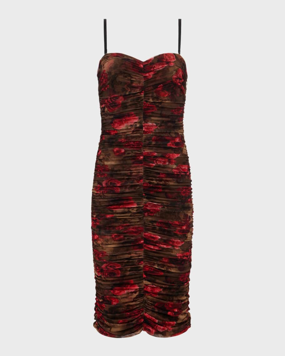 L'Agence Floral Cheetah Caprice Ruched Strapless Midi Dress | Neiman Marcus