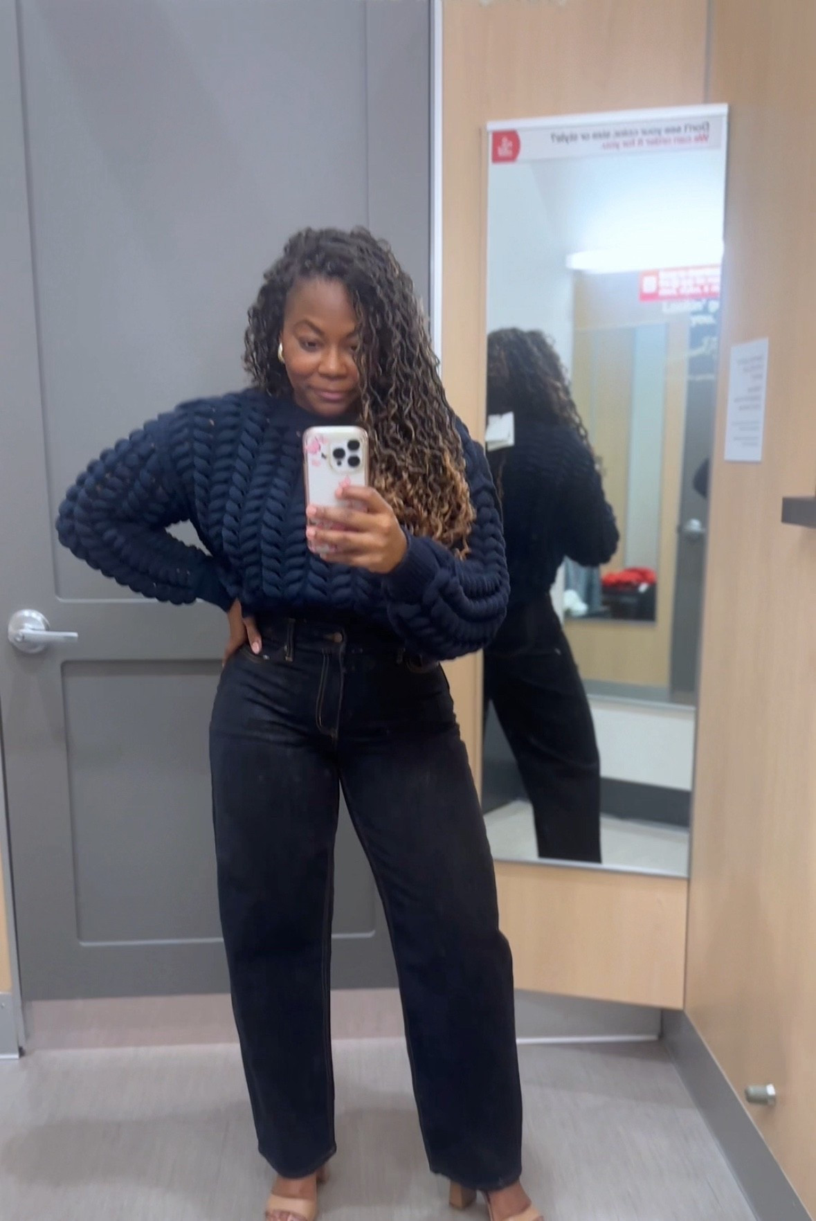 This navy blue sweater and these dark denim barrel style jeans are fantastic by Kbb @Target 

Everything ran true to size. I’m wearing a small sweater and size 6 jeans my regular sizes. 

I would size up on the sweater if you want an oversized to fit