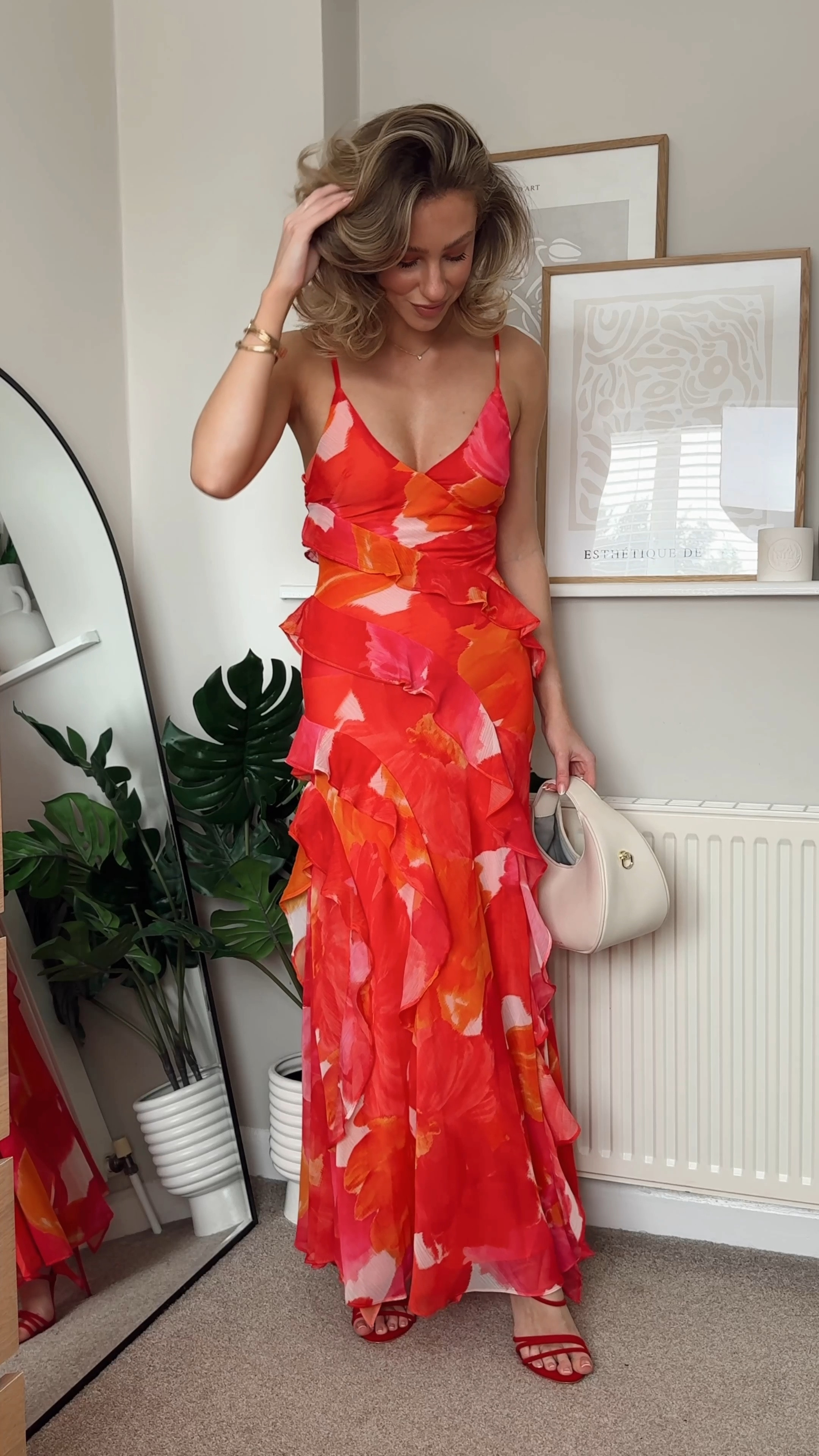 Wedding guest dress, summer dress, occasion wear dress, event dress, maxi dress, floral dress, ruffle dress, red heel sandals, cream dome handbag, Jo malone musk perfume, charlotte tilbury lip gloss, gold earrings

#LTKstyletip #LTKwedding #LTKVideo