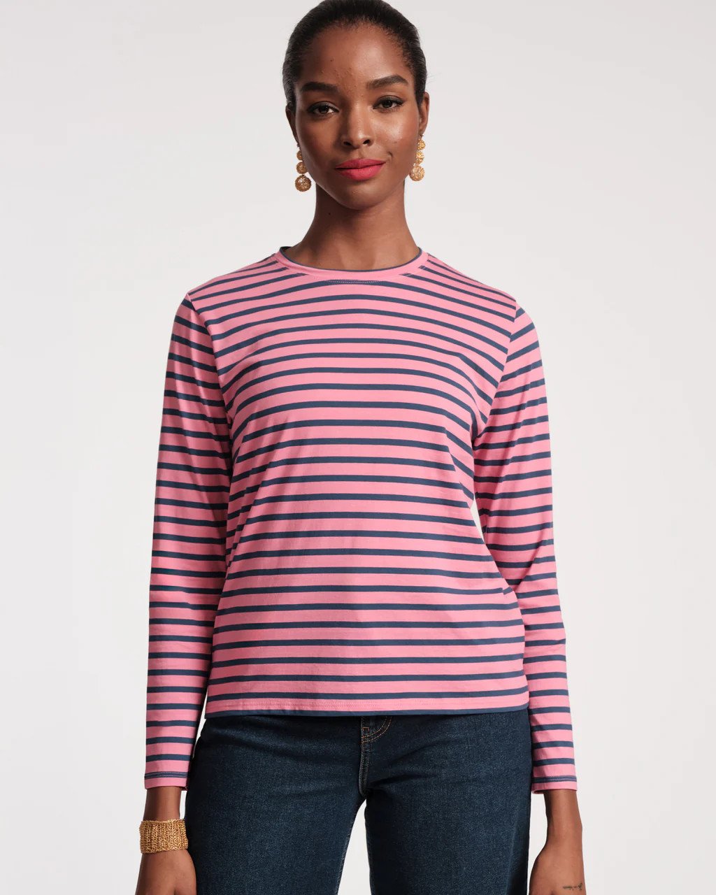 Long Sleeve Striped Tee Shirt Pink Navy | Frances Valentine
