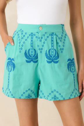 Island Pulse Teal Palm Embroidered Cotton Shorts | Red Dress