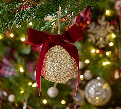 Gold Glitter Ball Ornament With Bow | Pottery Barn (US)