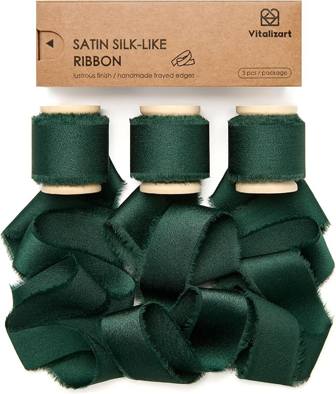 Vitalizart Silk Satin Ribbon 1 Inch x 15 Yard Wooden Spool Dark Green Handmade Frayed Ribbon for ... | Amazon (US)