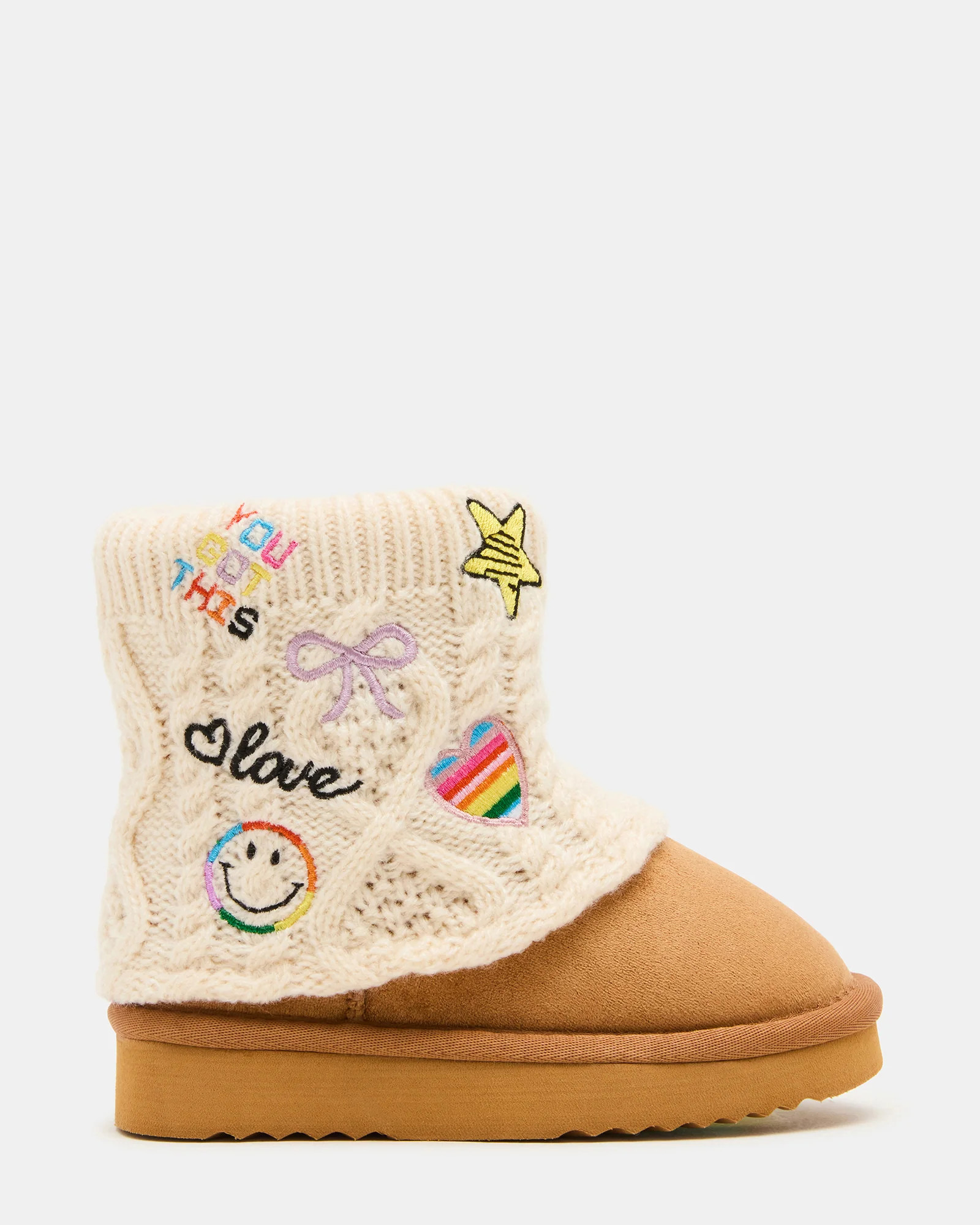 Toddlers' SWAYY Cognac Multi Faux Fur Knit Fold-Over Patches Girls' Ankle Boot | Steve Madden (US)