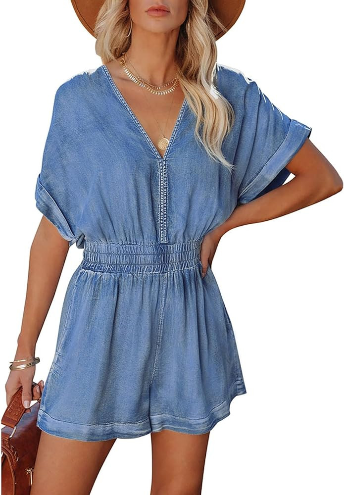 Women's Vintage V Neck Short Denim Jumpsuits Short Sleeve Distressed Summer Wide Leg Jean Jumpsui... | Amazon (US)