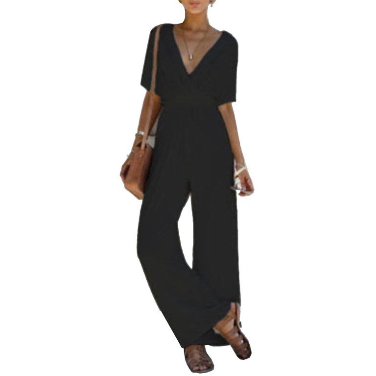 Lookwoild Women V Neck Loose Playsuit Party Ladies Romper Short Sleeve Long Jumpsuit | Walmart (US)