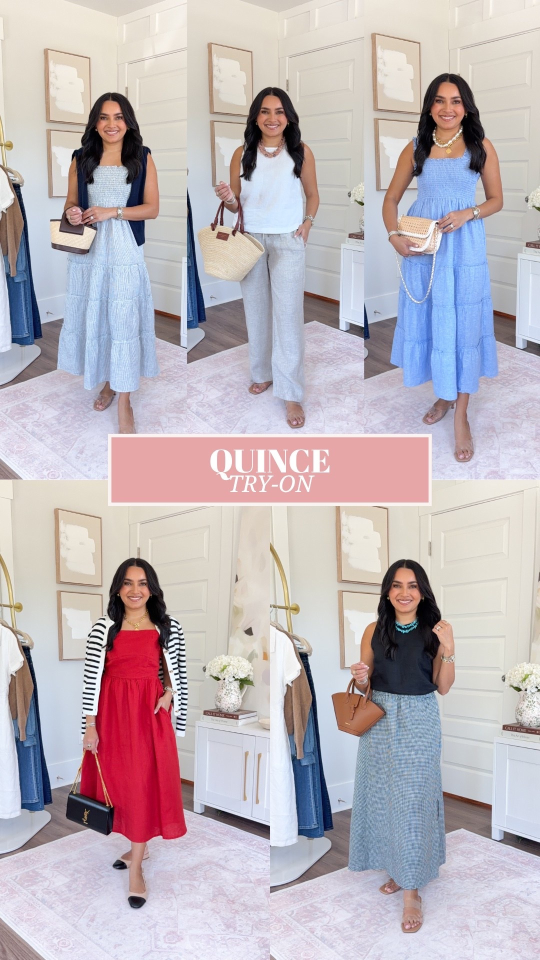 Quince closet staples! For reference: I’m 5’0, petite, 32b bra size, and 2/26 in bottoms, pear shaped.
*Everything I share is unaltered! TTS means true to size. Between size 5–6.5 in shoes

Black linen tank XS TTS
Gingham skirt XS TTS
Clear flats size 5 TTS

Cherry dress XS TTS
Black/white striped cardigan XS TTS
Slingback flats size 5 TTS

White linen tank XS TTS
Linen pants in “Flax” 26" inseam XS TTS
Clear sandals size 5 TTS

Blue smocked midi dress XS TTS
Clear heels size 5 TTS

Blue/white striped smocked midi dress XS TTS
Navy cardigan XS TTS
Clear heels size 5 TTS

@Quince 

#LTKPetite #LTKootd #LTKgrwm