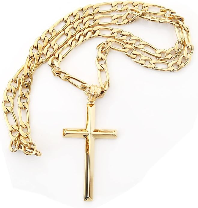 24K Gold Figaro Chain Style Cross Pendant Necklace 5MM Cross Necklace Clasp for MEN, HUSBAND Thin... | Amazon (US)