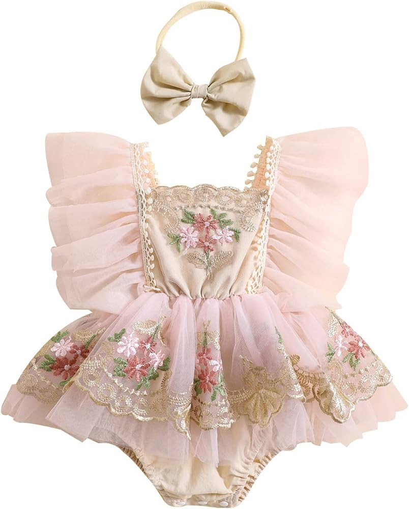 Engofs Baby Girl Boho 1st Birthday Romper Lace Floral Photoshoot Cake Smash Outfit | Amazon (US)