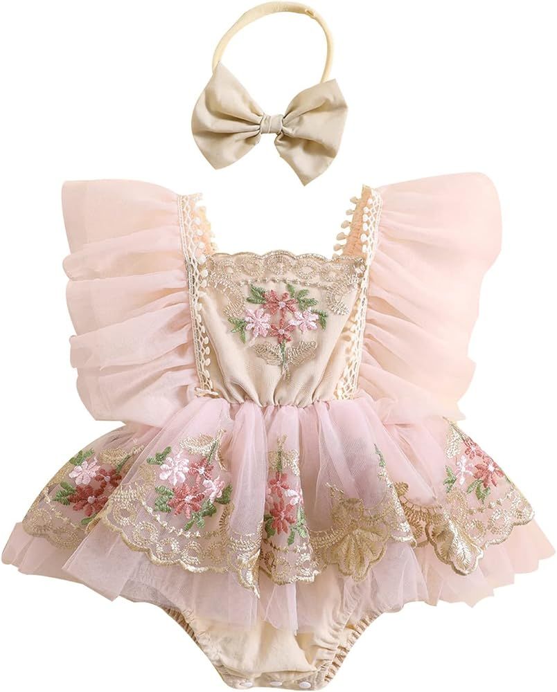 Baby Girl Princess Romper Dress Newborn Floral Lace Ruffle Sleeve Bodysuit Mesh Embroidery Onesie... | Amazon (US)