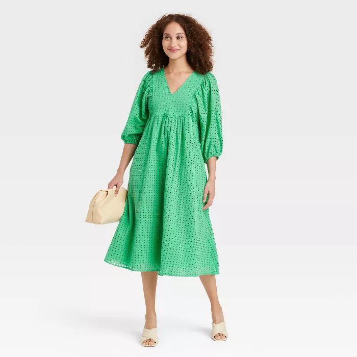 Women&#39;s Balloon 3/4 Sleeve Eyelet Dress - A New Day&#8482; Green XS | Target