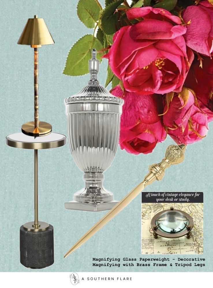 Elevate your home office with these vintage desk accents. Perfect for adding a touch of elegance. #HomeOfficeDecor/bamboo lamp, magnifying Glass, drink table, ginger jars, affordable decor, amazon