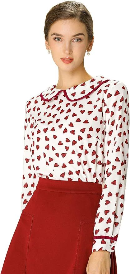 Allegra K Women's Peter Pan Collar Blouse Long Sleeve Valentine's Day Heart Dots Top | Amazon (US)